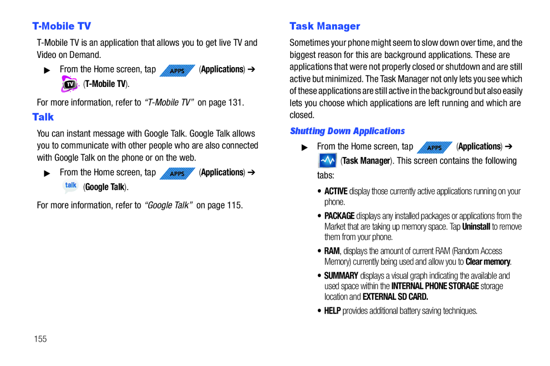 Samsung SGH-T839HABTMB user manual Google Talk, Shutting Down Applications 