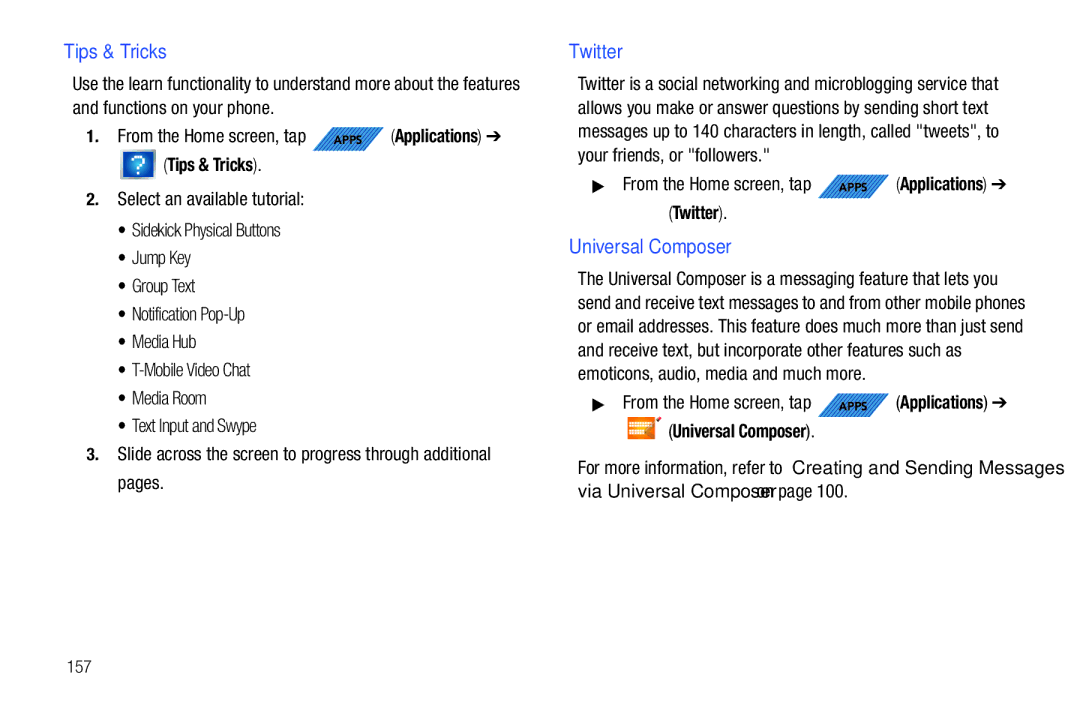 Samsung SGH-T839HABTMB user manual Tips & Tricks, Twitter, Universal Composer 