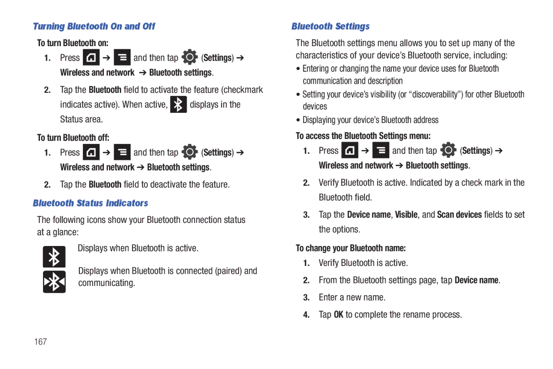 Samsung SGH-T839HABTMB user manual Turning Bluetooth On and Off, Bluetooth Status Indicators, Bluetooth Settings 