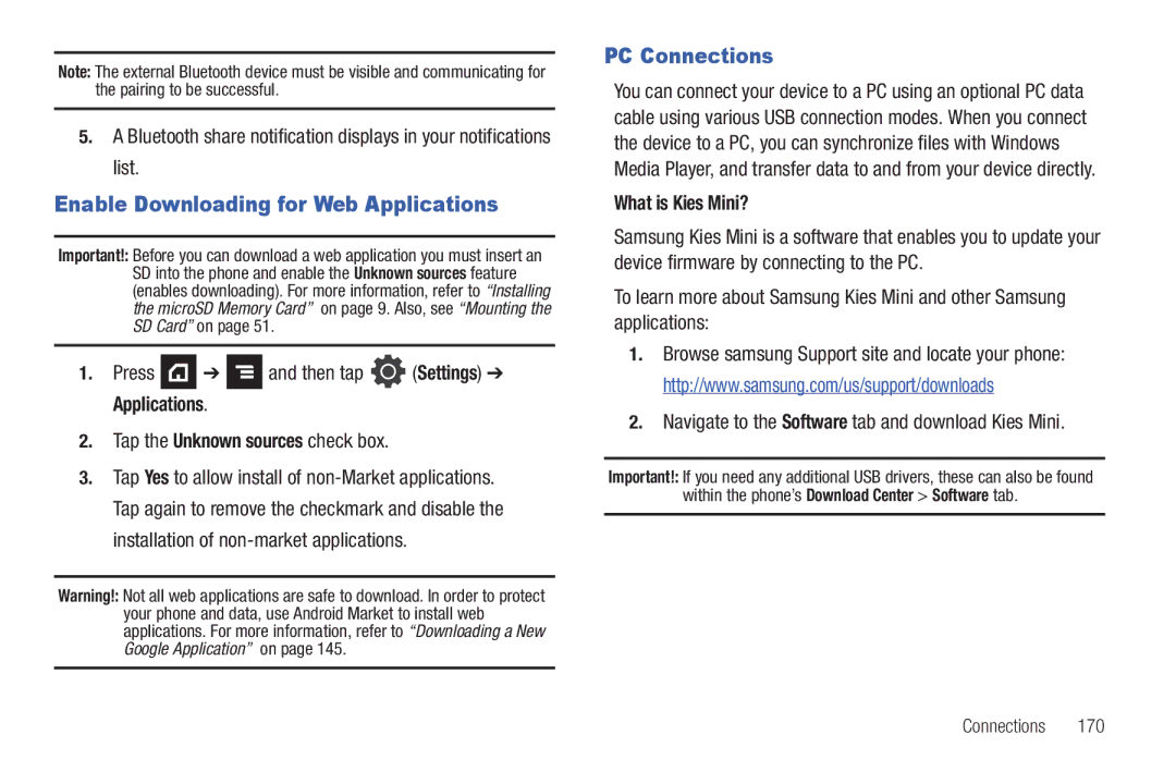 Samsung SGH-T839HABTMB Enable Downloading for Web Applications, PC Connections, Press and then tap Settings Applications 