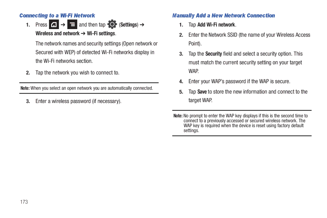 Samsung SGH-T839HABTMB Connecting to a Wi-Fi Network, Manually Add a New Network Connection, Tap Add Wi-Fi network, 173 