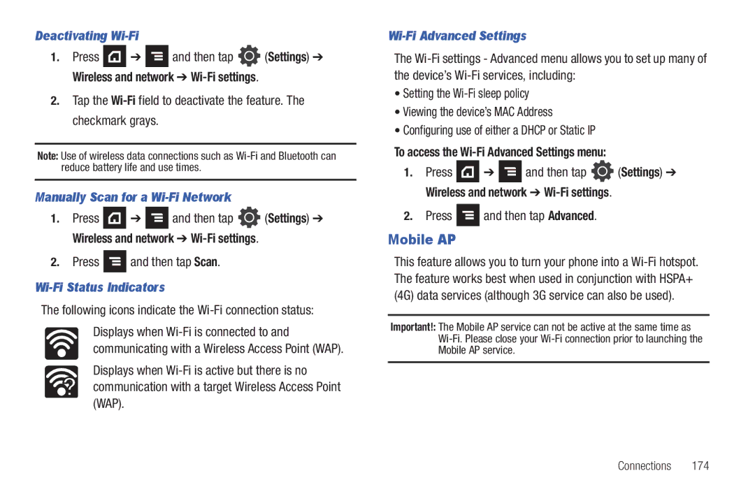 Samsung SGH-T839HABTMB Mobile AP, Deactivating Wi-Fi, Manually Scan for a Wi-Fi Network, Wi-Fi Status Indicators 