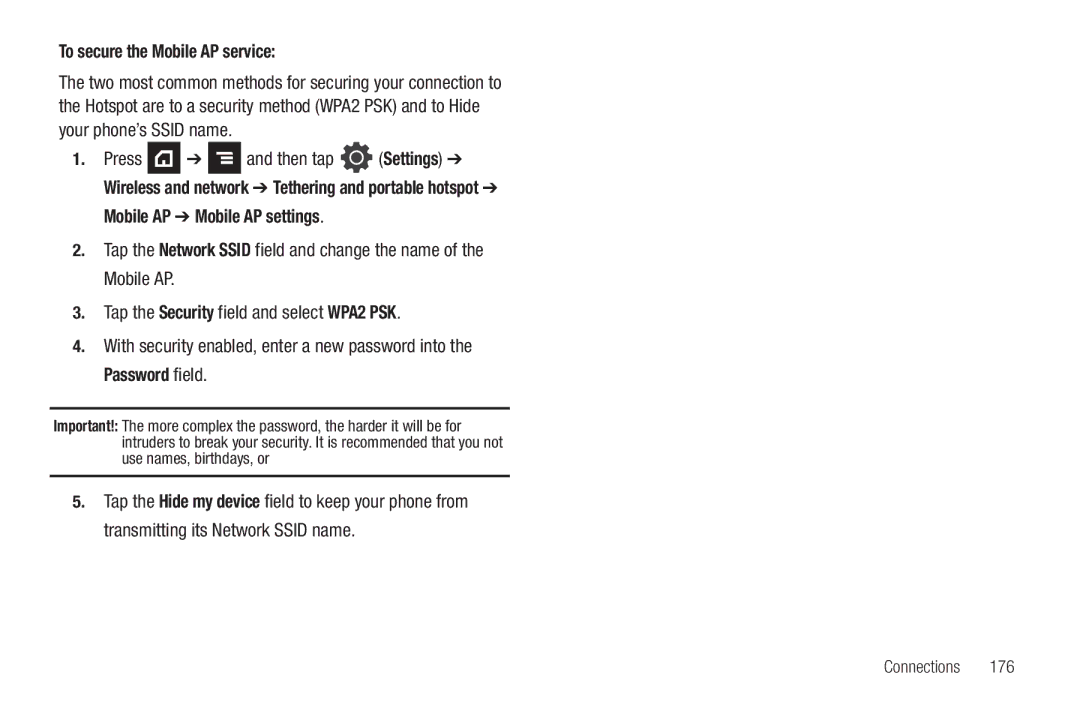 Samsung SGH-T839HABTMB user manual To secure the Mobile AP service, Mobile AP Mobile AP settings 