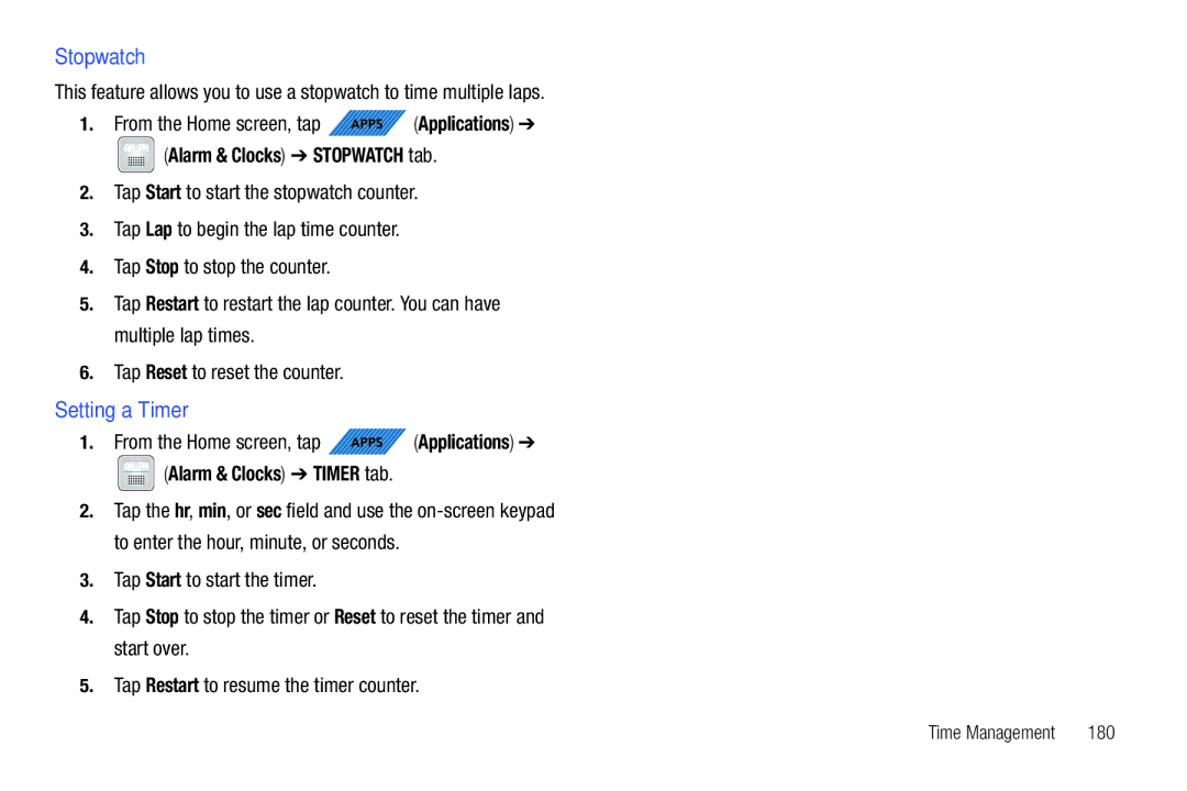 Samsung SGH-T839HABTMB user manual Setting a Timer, Alarm & Clocks Stopwatch tab, Alarm & Clocks Timer tab 