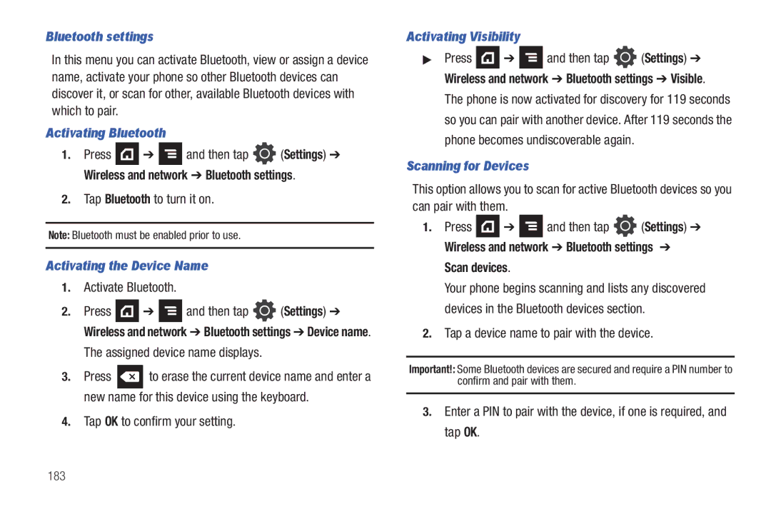 Samsung SGH-T839HABTMB Activating Bluetooth, Activating the Device Name, Activating Visibility, Scanning for Devices 