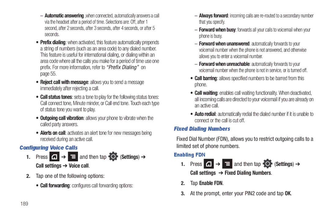 Samsung SGH-T839HABTMB Configuring Voice Calls, Press and then tap Settings Call settings Voice call, Tap Enable FDN 