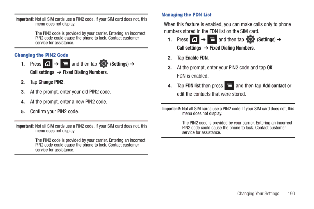 Samsung SGH-T839HABTMB user manual Tap Change PIN2, Changing the PIN2 Code, Managing the FDN List, 190 