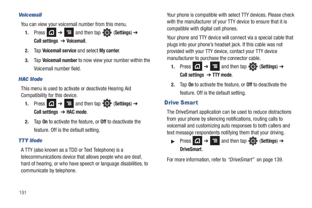 Samsung SGH-T839HABTMB user manual Drive Smart, Voicemail, HAC Mode, TTY Mode 