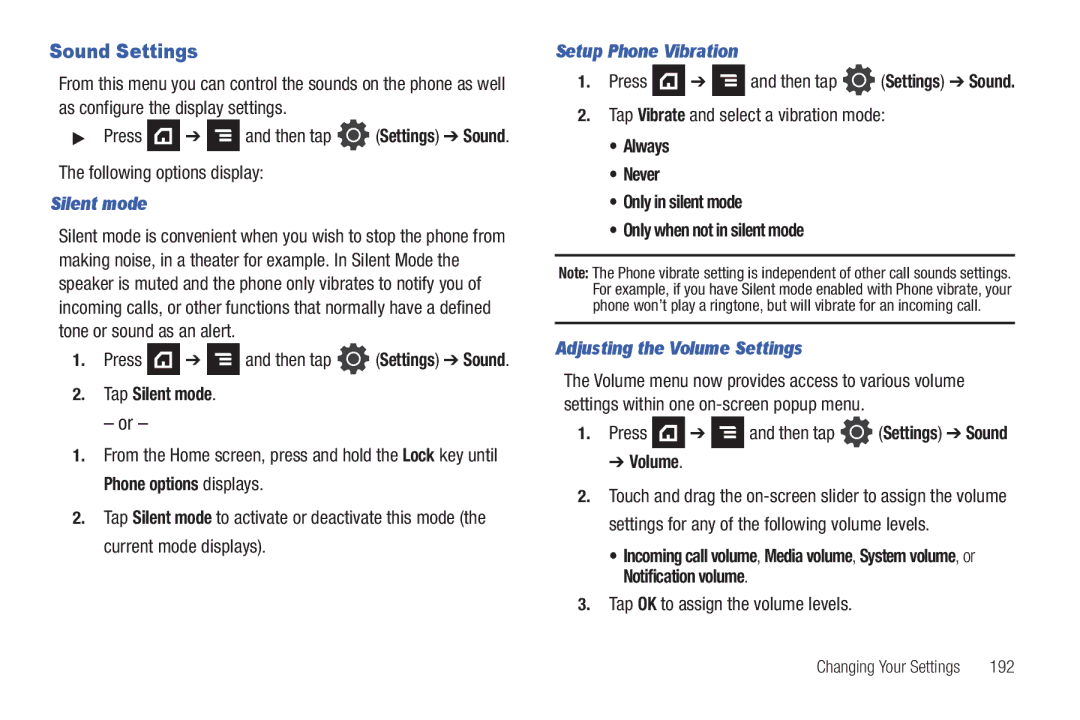 Samsung SGH-T839HABTMB user manual Sound Settings, Silent mode, Setup Phone Vibration, Adjusting the Volume Settings 