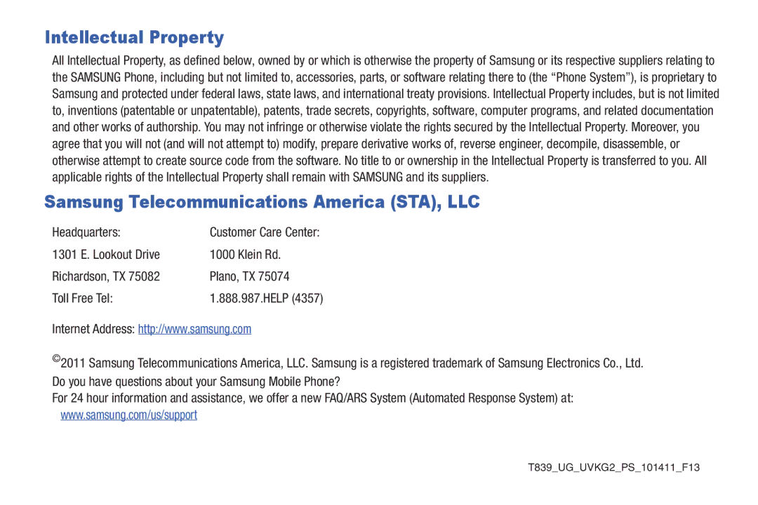 Samsung SGH-T839HABTMB user manual Intellectual Property, Headquarters 