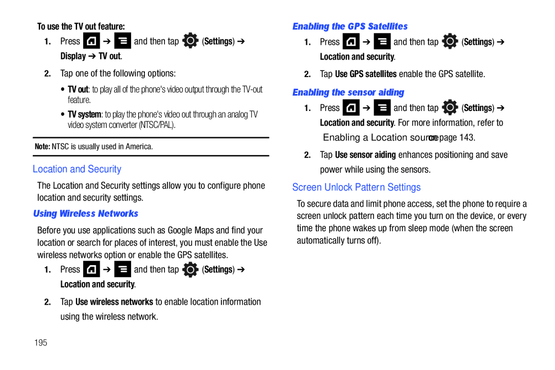 Samsung SGH-T839HABTMB user manual Location and Security, Screen Unlock Pattern Settings, Using Wireless Networks 