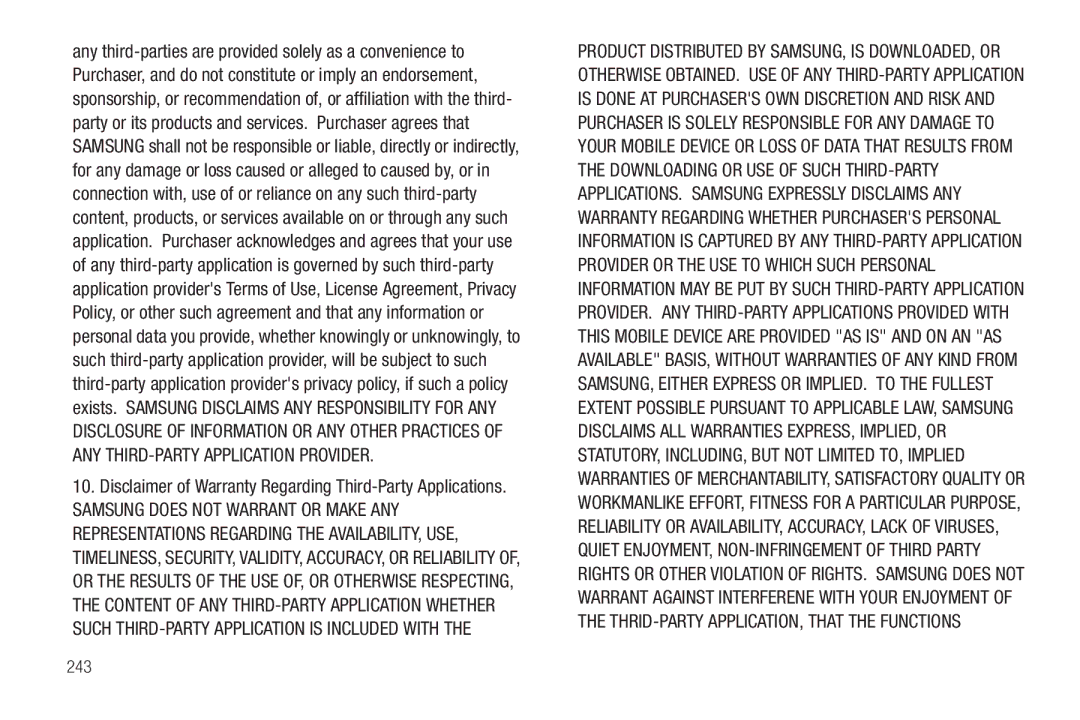 Samsung SGH-T839HABTMB user manual Disclaimer of Warranty Regarding Third-Party Applications, 243 