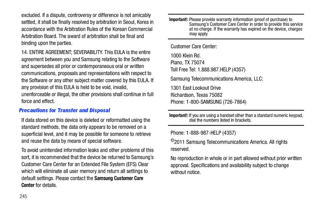 Samsung SGH-T839HABTMB user manual Precautions for Transfer and Disposal, 245 