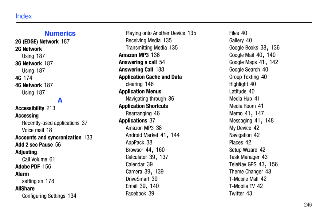 Samsung SGH-T839HABTMB user manual Index Numerics 