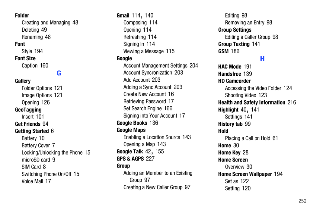 Samsung SGH-T839HABTMB Folder, Font Size, GeoTagging, Get Friends Getting Started, Gmail 114, Google, Group Settings 