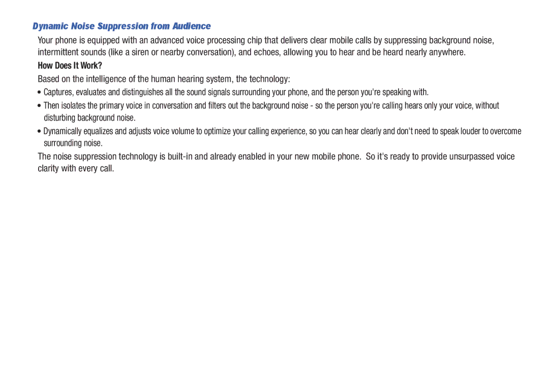 Samsung SGH-T839HABTMB user manual Dynamic Noise Suppression from Audience, How Does It Work? 