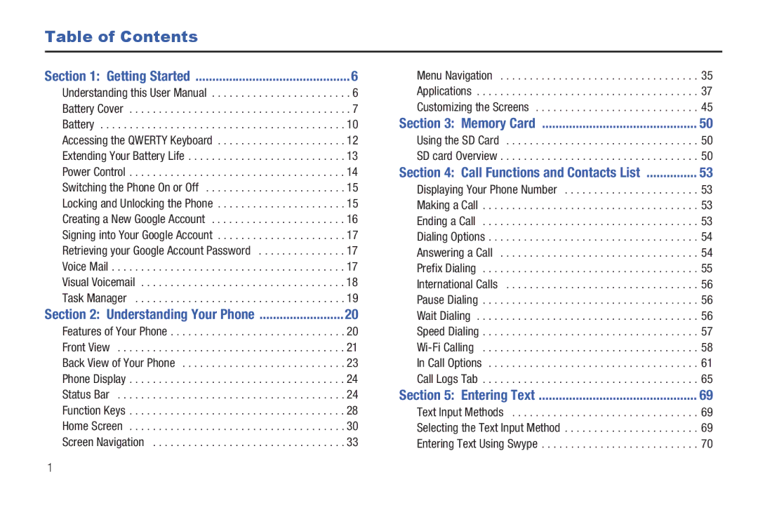 Samsung SGH-T839HABTMB user manual Table of Contents 