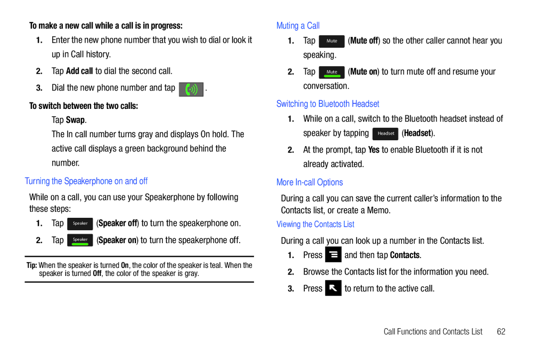 Samsung SGH-T839HABTMB user manual Turning the Speakerphone on and off, Muting a Call, Switching to Bluetooth Headset 