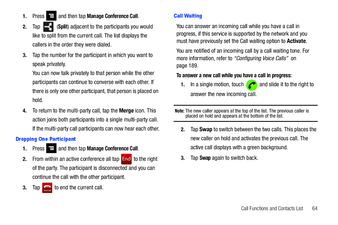 Samsung SGH-T839HABTMB user manual Press and then tap Manage Conference Call, Tap to end the current call 