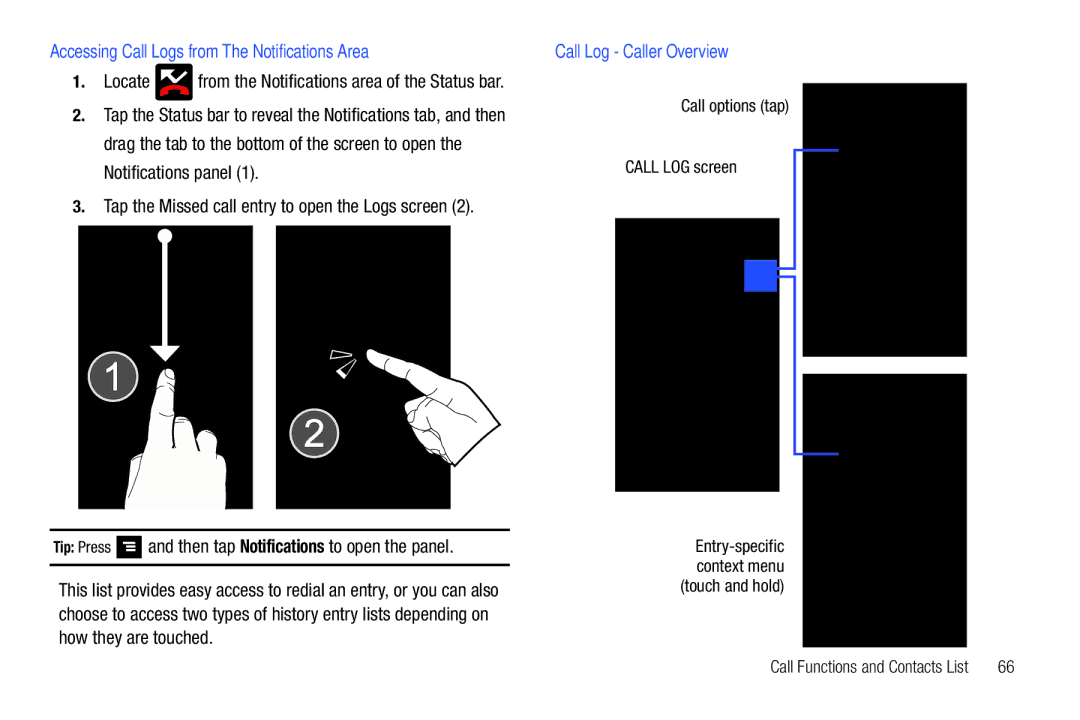 Samsung SGH-T839HABTMB user manual Call Log Caller Overview, Call options tap Call LOG screen 