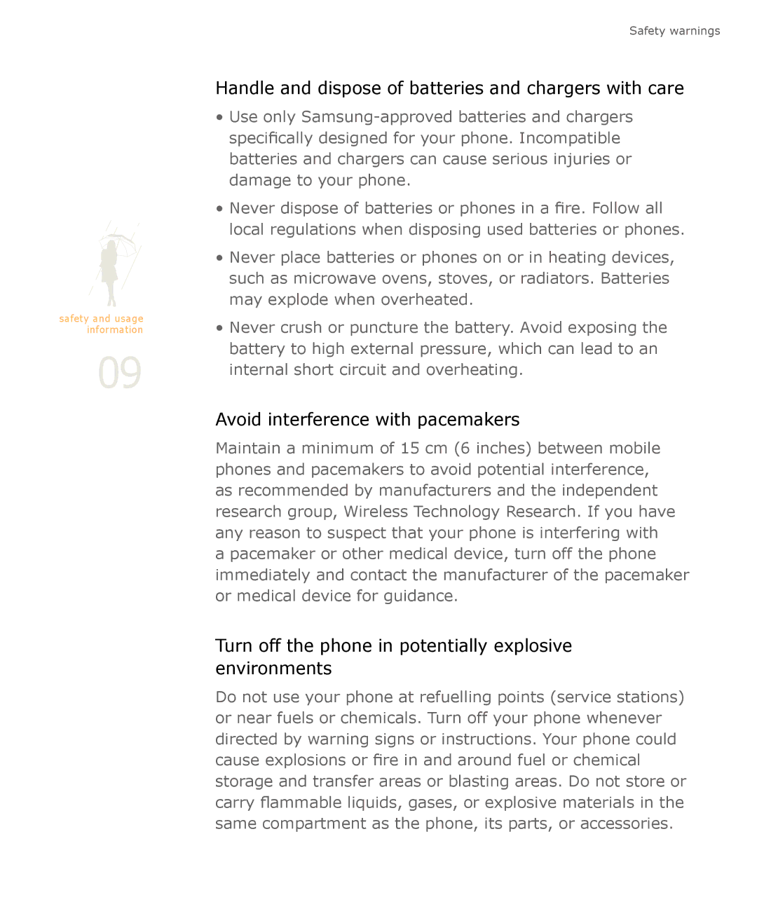 Samsung SGH-U900 user manual Handle and dispose of batteries and chargers with care 