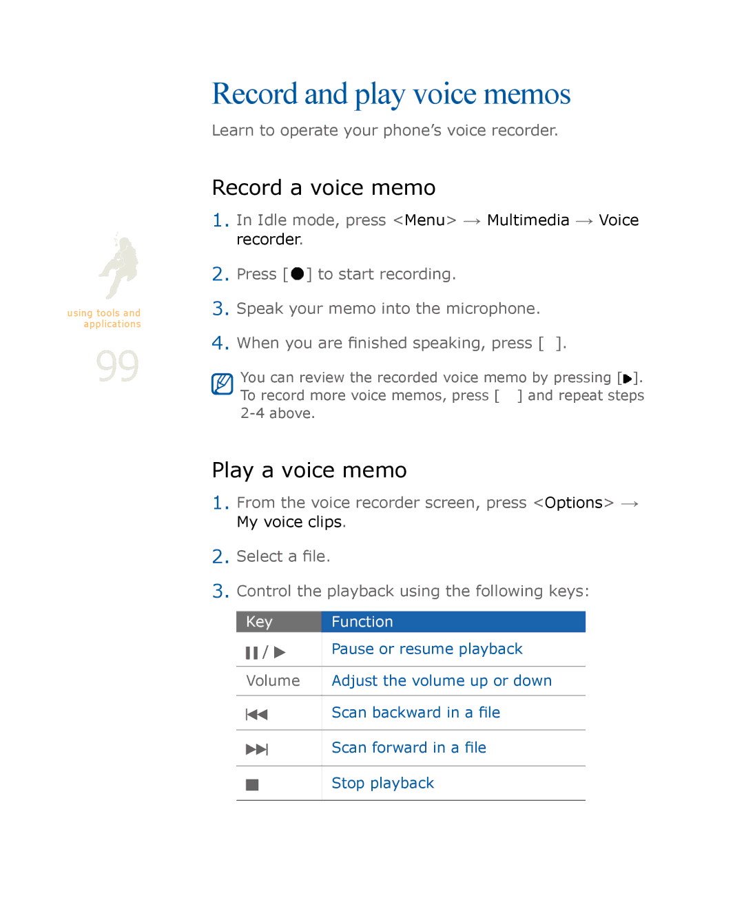 Samsung SGH-U900 user manual Record and play voice memos, Record a voice memo, Play a voice memo 