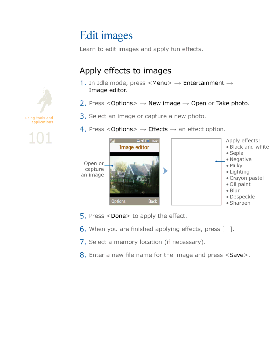 Samsung SGH-U900 user manual 101, Edit images, Apply effects to images 