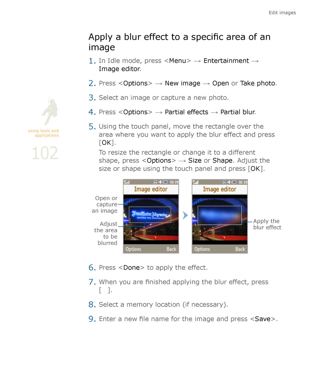 Samsung SGH-U900 user manual 102, Apply a blur effect to a specific area of an image 