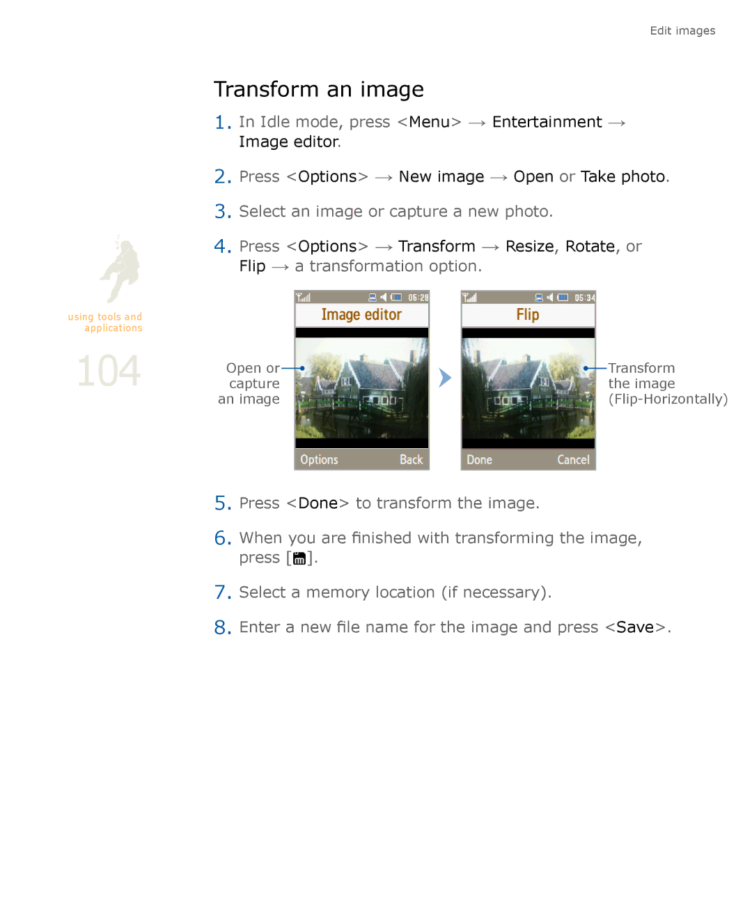 Samsung SGH-U900 user manual 104, Transform an image 