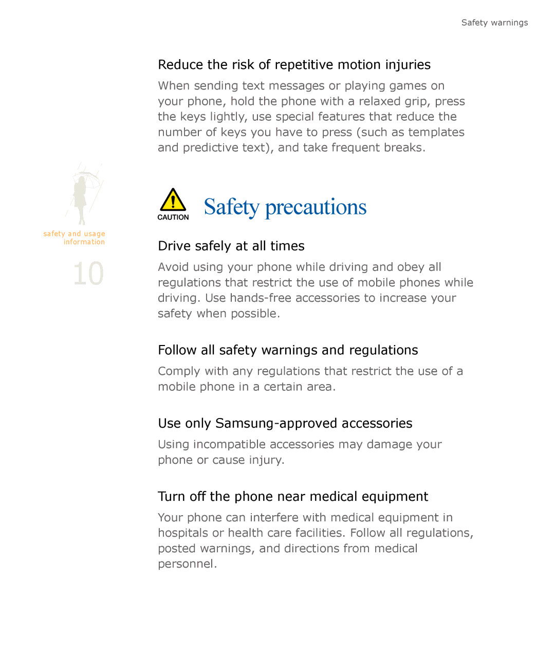 Samsung SGH-U900 user manual Safety precautions, Reduce the risk of repetitive motion injuries 