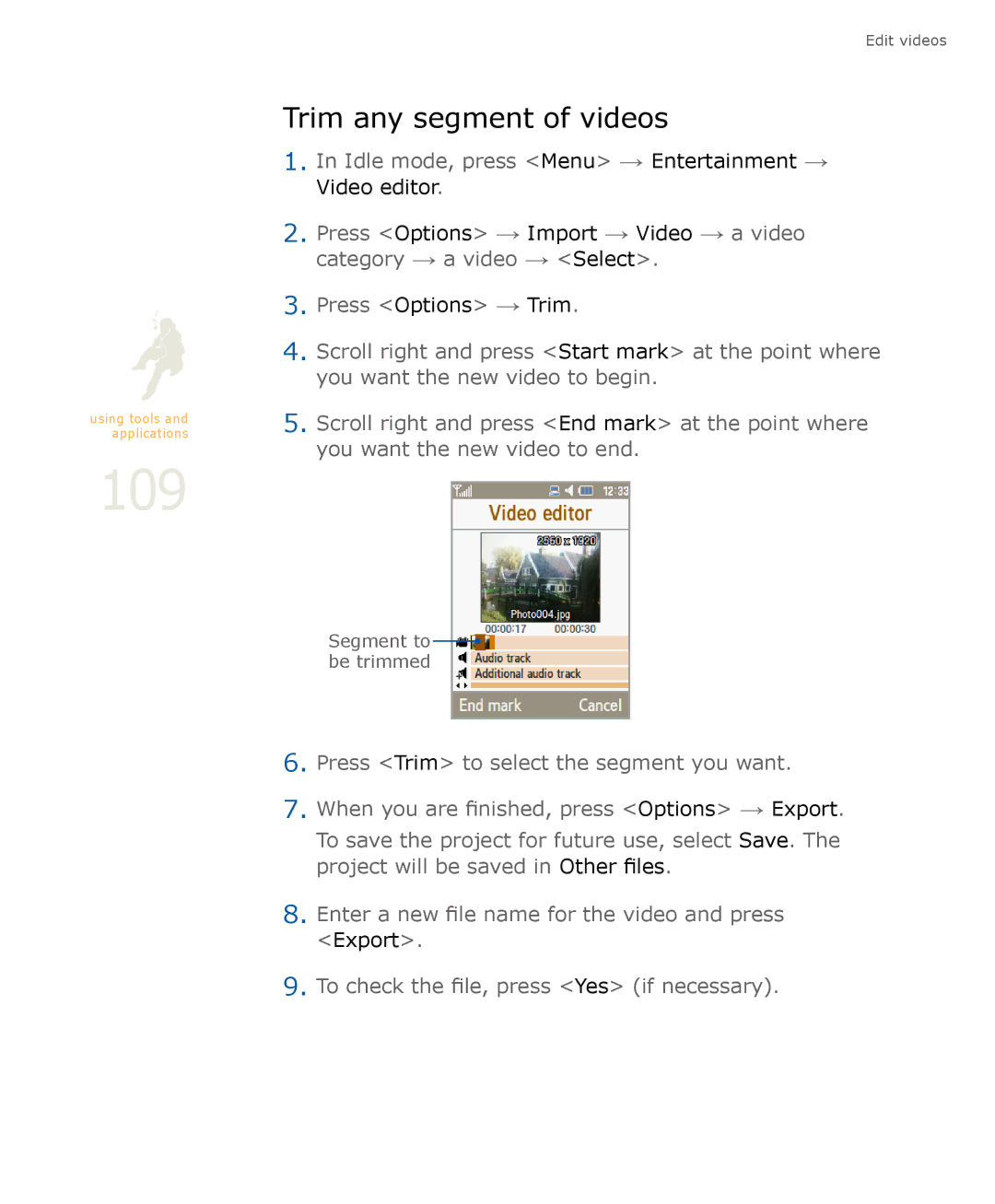 Samsung SGH-U900 user manual 109, Trim any segment of videos 