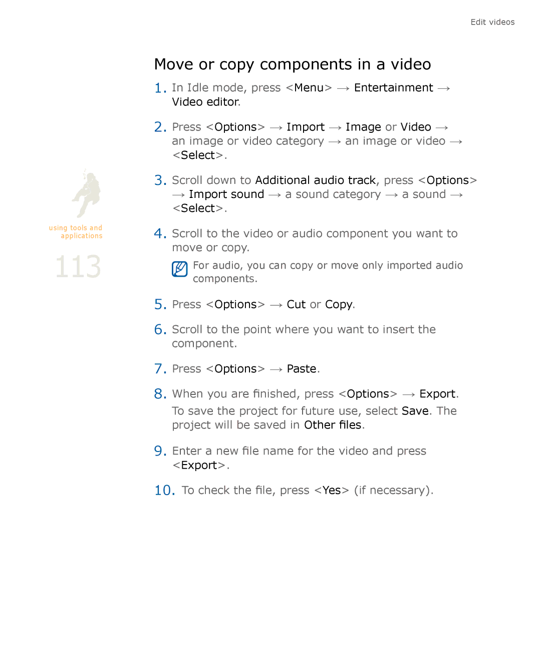 Samsung SGH-U900 user manual 113, Move or copy components in a video 