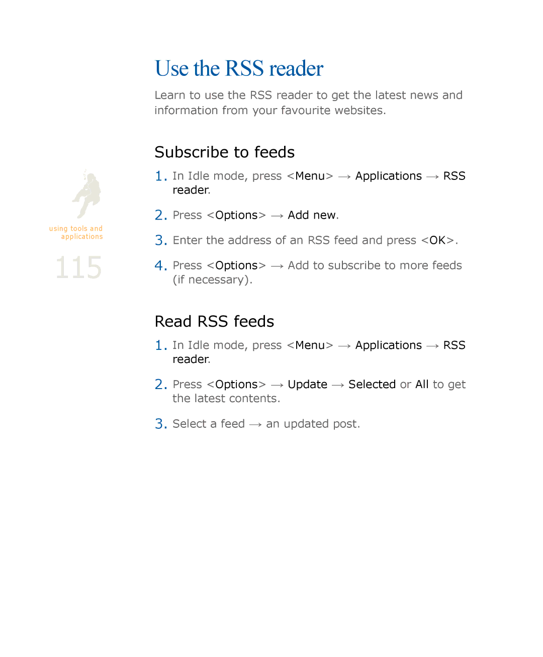 Samsung SGH-U900 user manual 115, Use the RSS reader, Subscribe to feeds, Read RSS feeds 