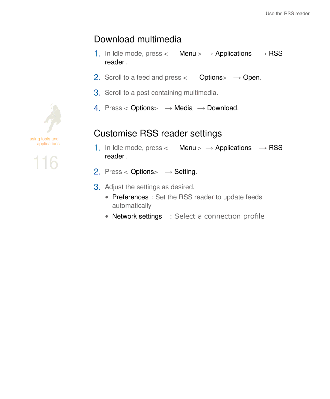 Samsung SGH-U900 user manual 116, Download multimedia, Customise RSS reader settings 