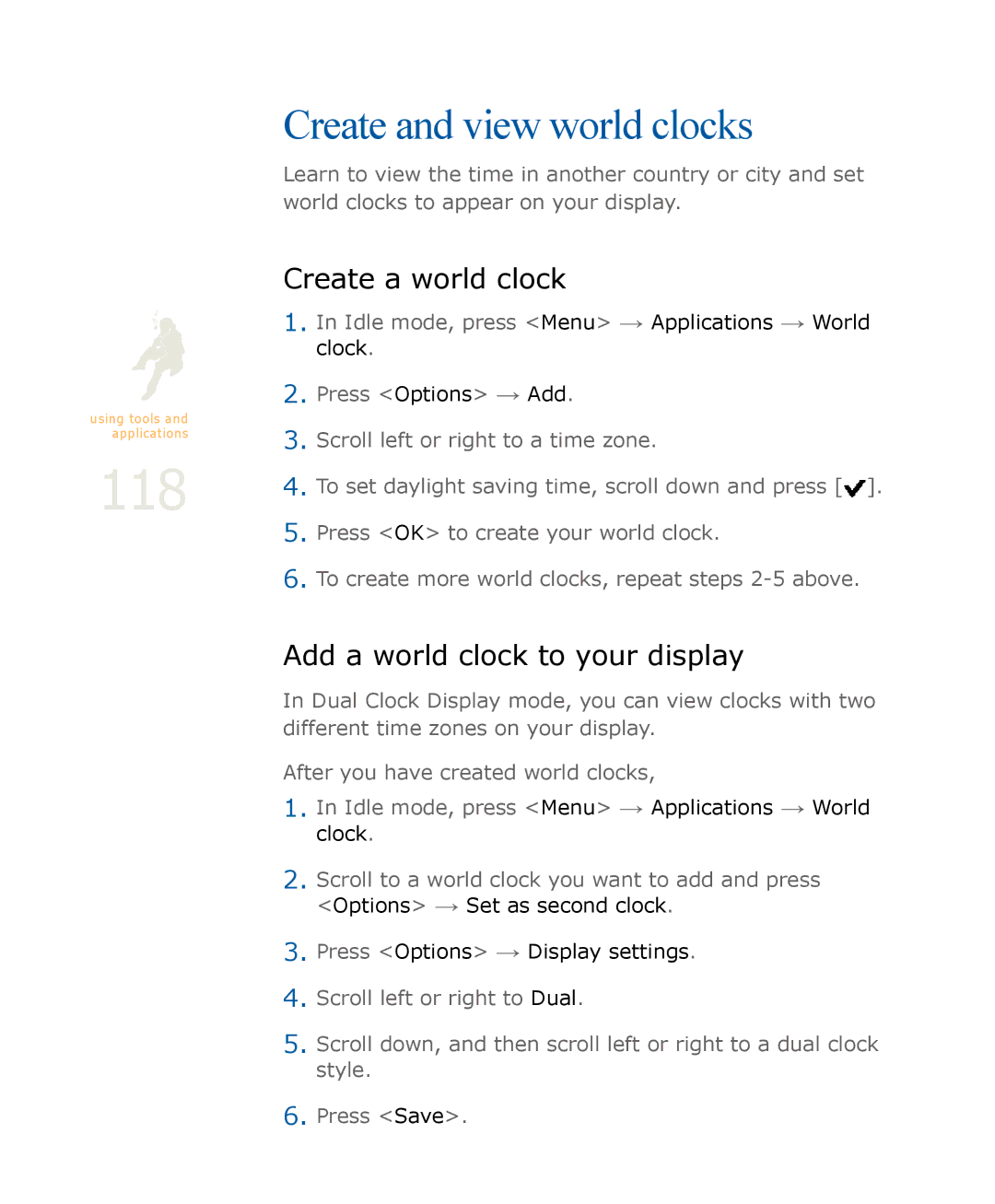 Samsung SGH-U900 user manual Create and view world clocks, Create a world clock, Add a world clock to your display 