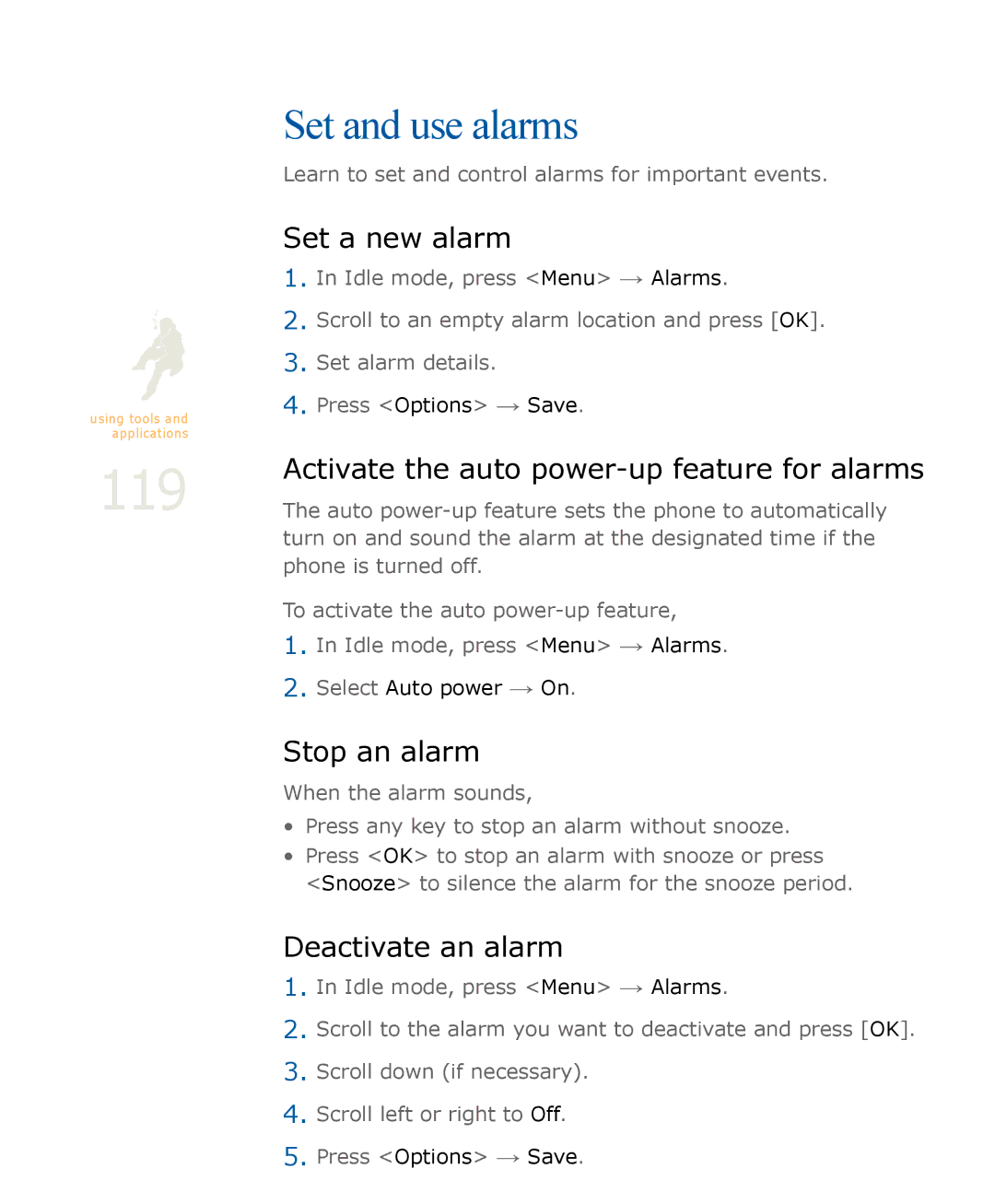 Samsung SGH-U900 user manual 119, Set and use alarms 