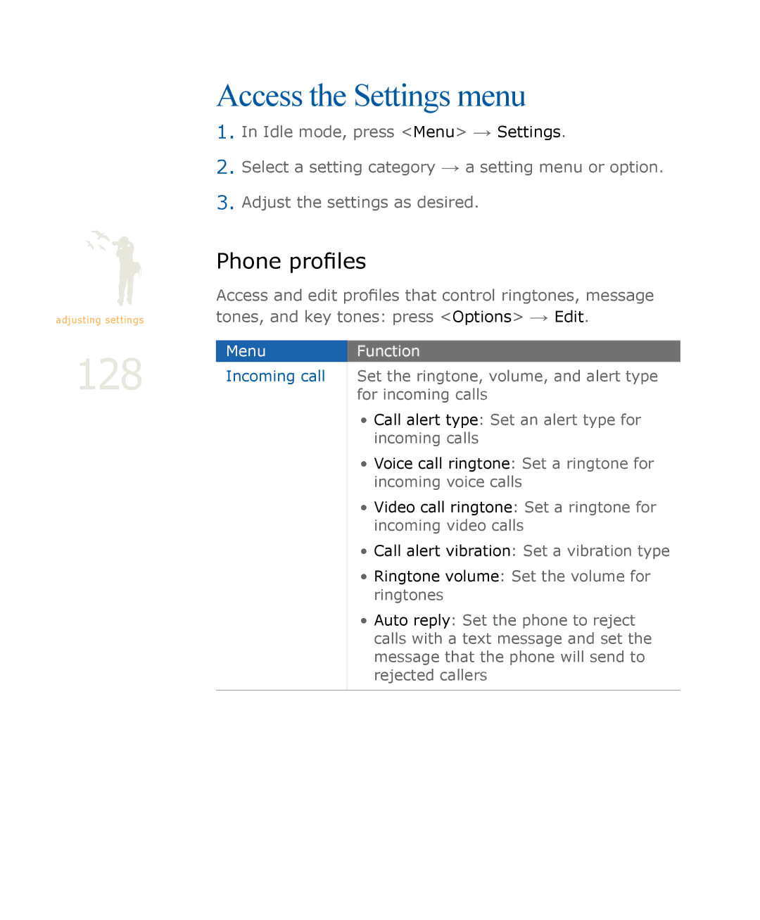 Samsung SGH-U900 user manual 128, Access the Settings menu, Phone profiles 