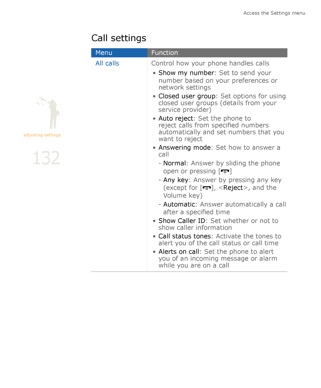 Samsung SGH-U900 user manual 132, Call settings 