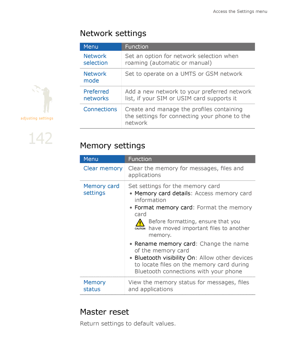 Samsung SGH-U900 user manual 142, Master reset 