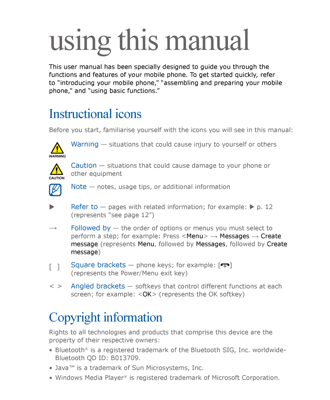 Samsung SGH-U900 user manual Using this manual 