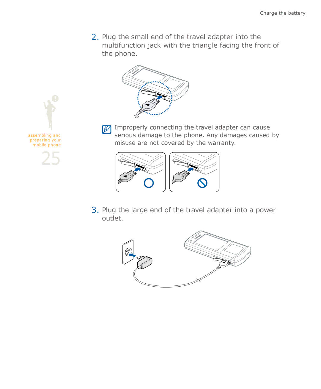 Samsung SGH-U900 user manual Plug the large end of the travel adapter into a power outlet 