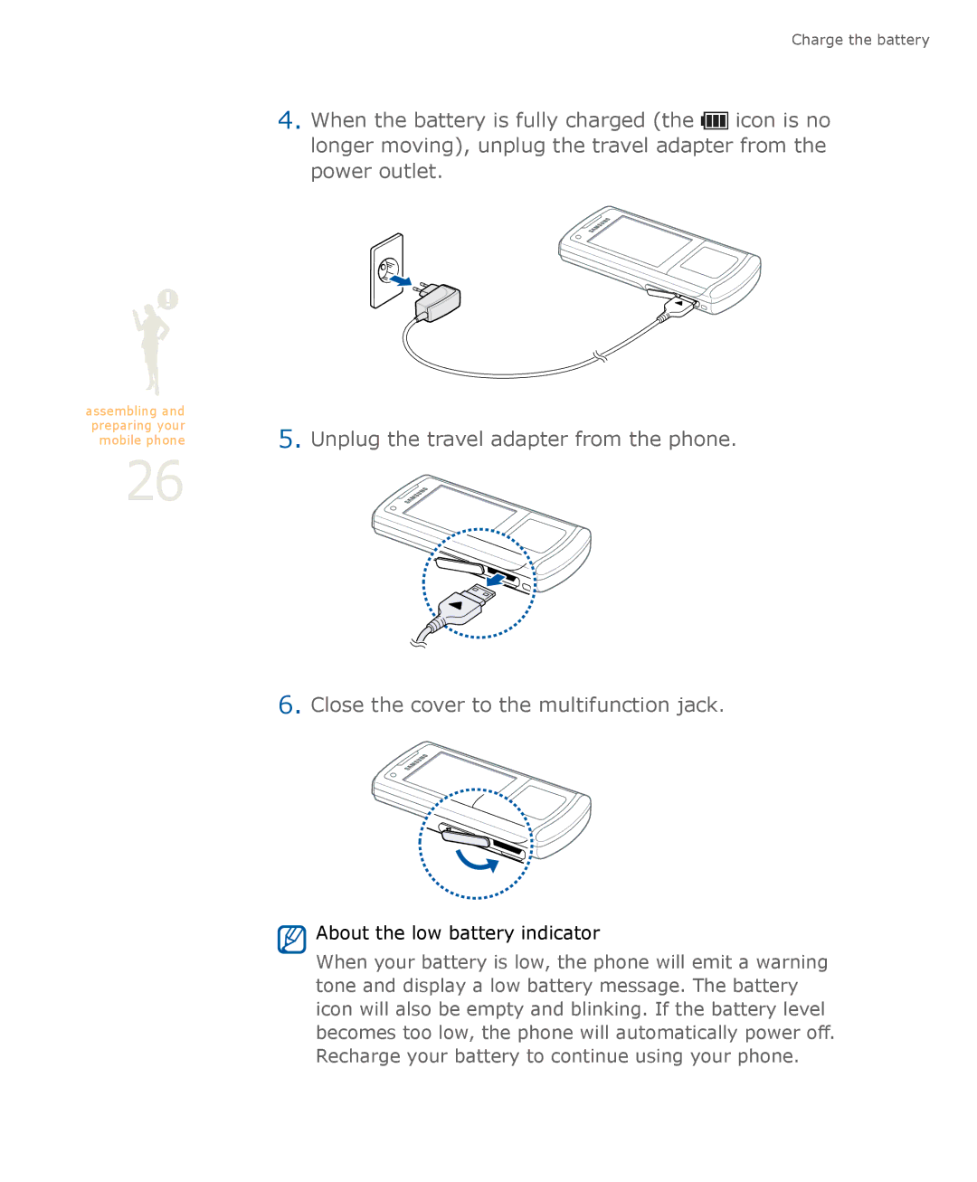 Samsung SGH-U900 user manual About the low battery indicator 