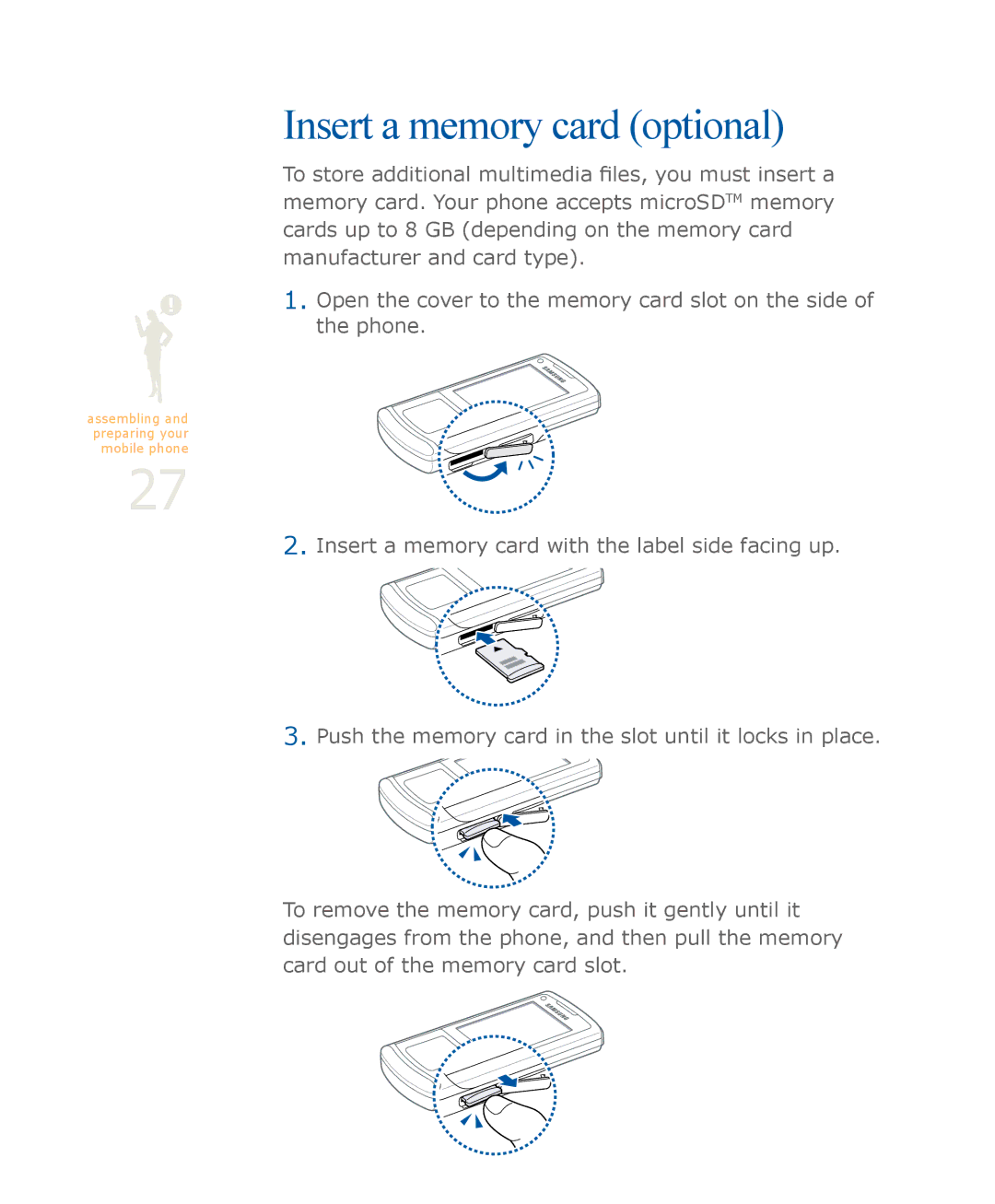 Samsung SGH-U900 user manual Insert a memory card optional 