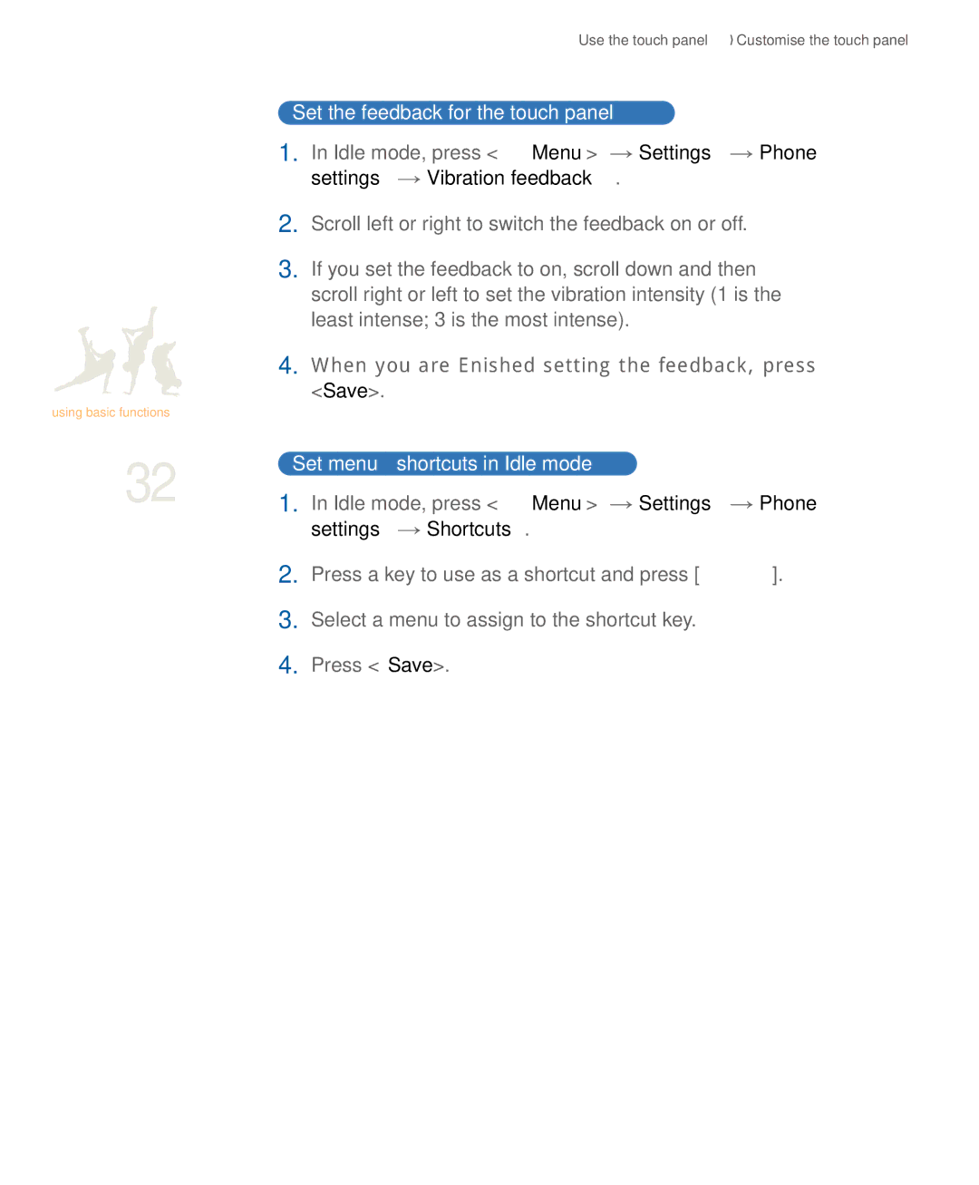 Samsung SGH-U900 user manual Set the feedback for the touch panel, Set menu shortcuts in Idle mode 