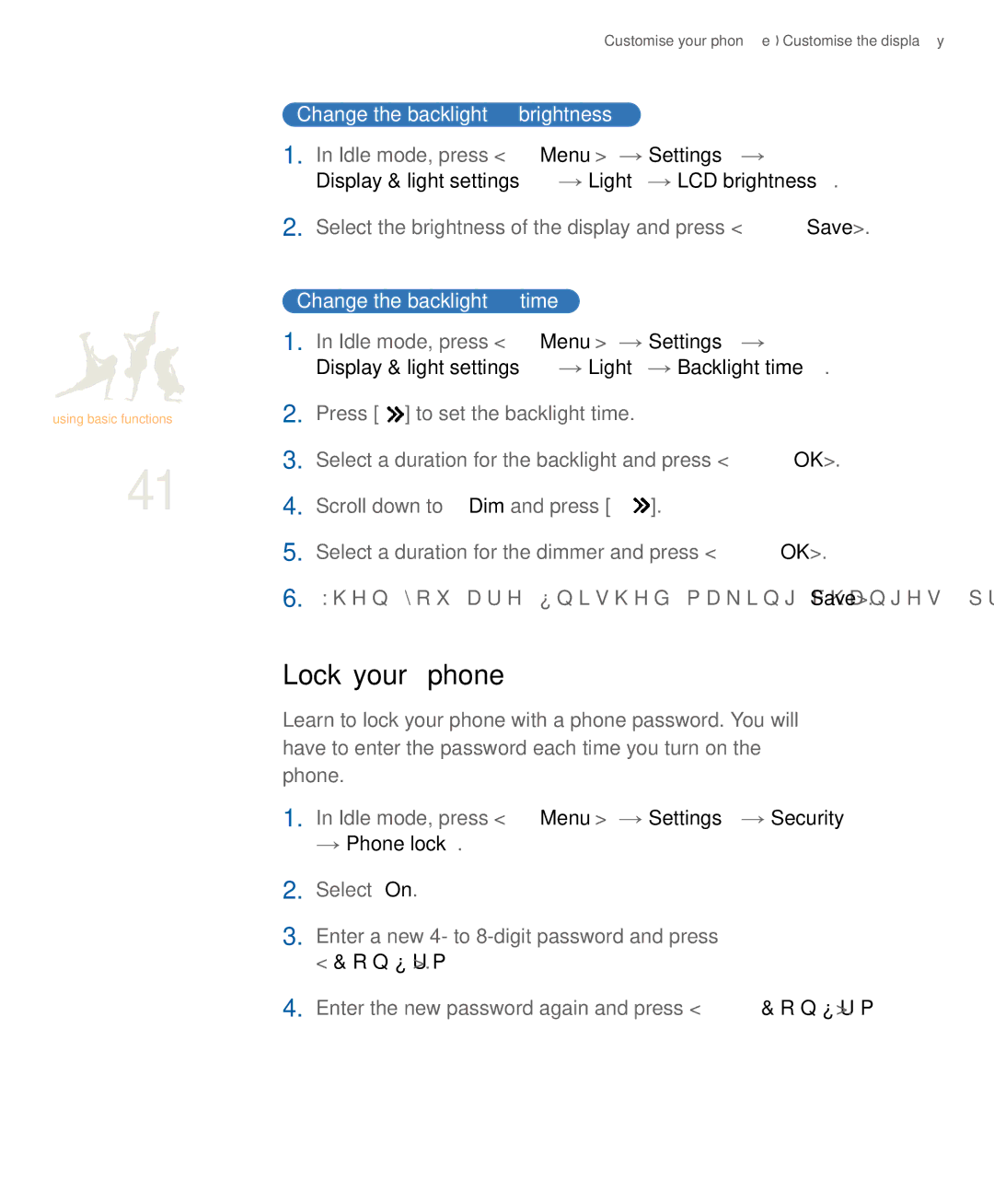 Samsung SGH-U900 user manual Lock your phone, Change the backlight brightness, Change the backlight time 