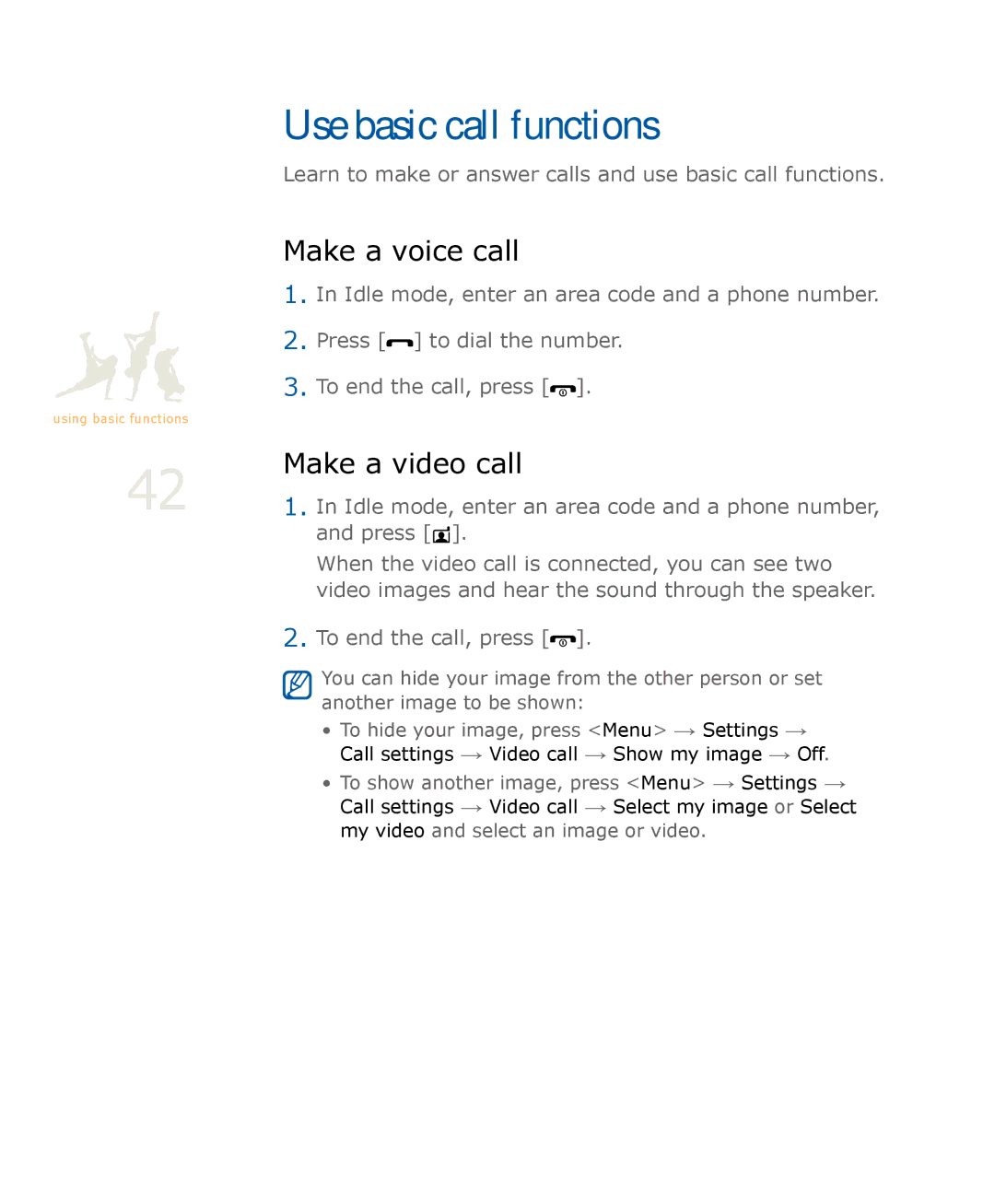 Samsung SGH-U900 user manual Use basic call functions, Make a voice call, Make a video call 