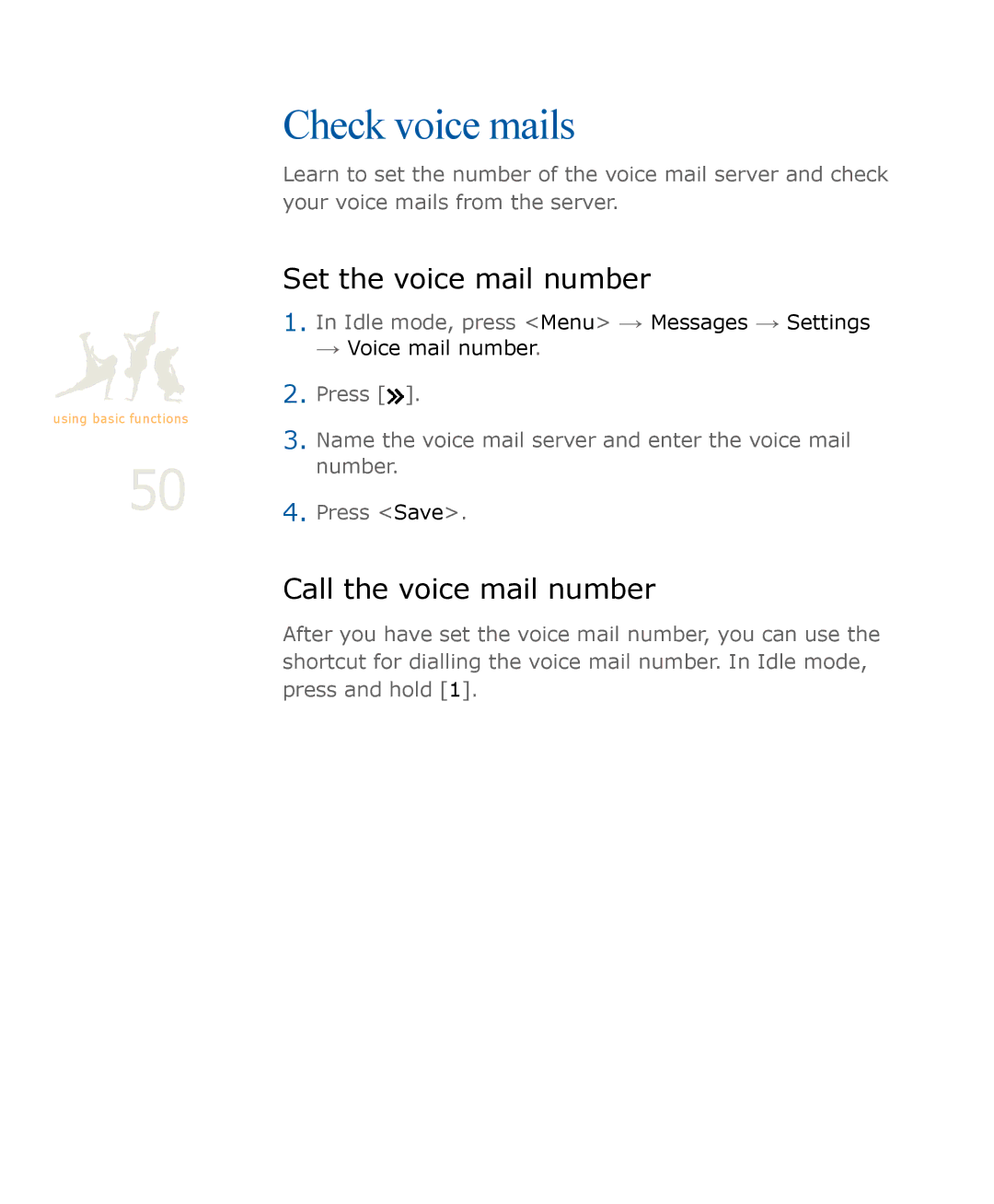 Samsung SGH-U900 user manual Check voice mails, Set the voice mail number, Call the voice mail number 