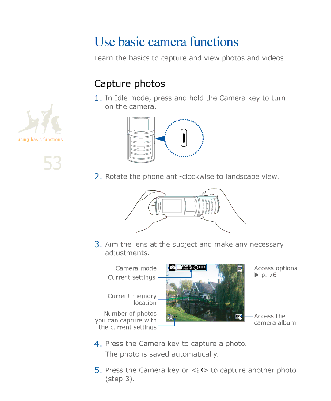 Samsung SGH-U900 user manual Use basic camera functions, Capture photos 