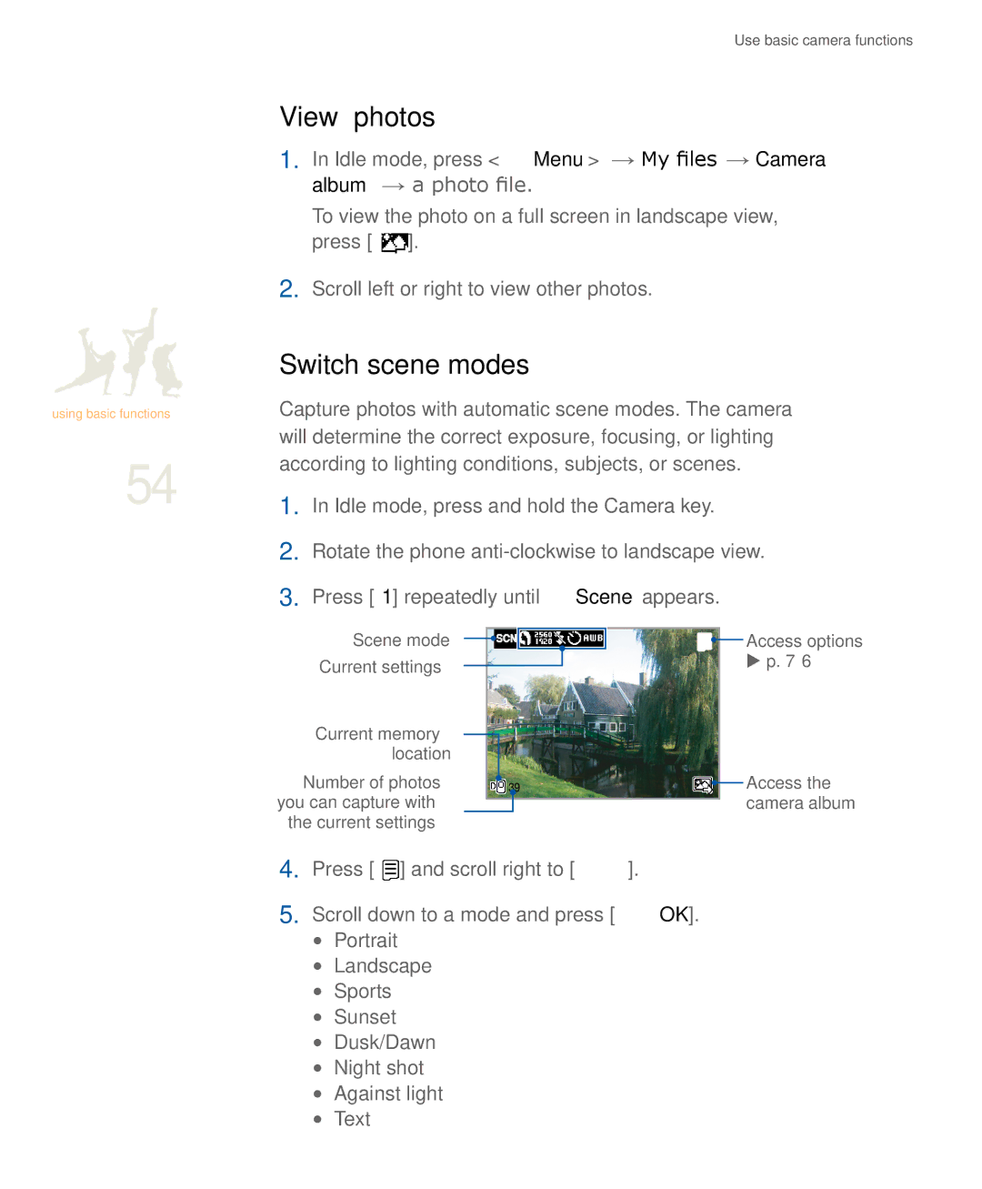 Samsung SGH-U900 user manual View photos, Switch scene modes 