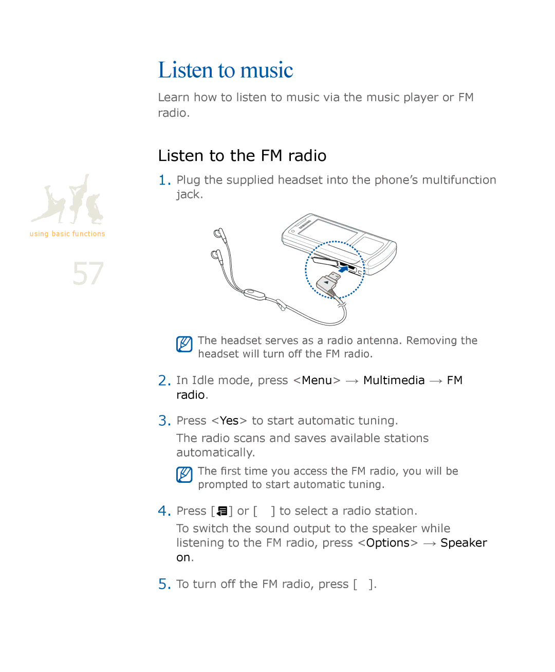 Samsung SGH-U900 user manual Listen to music, Listen to the FM radio 